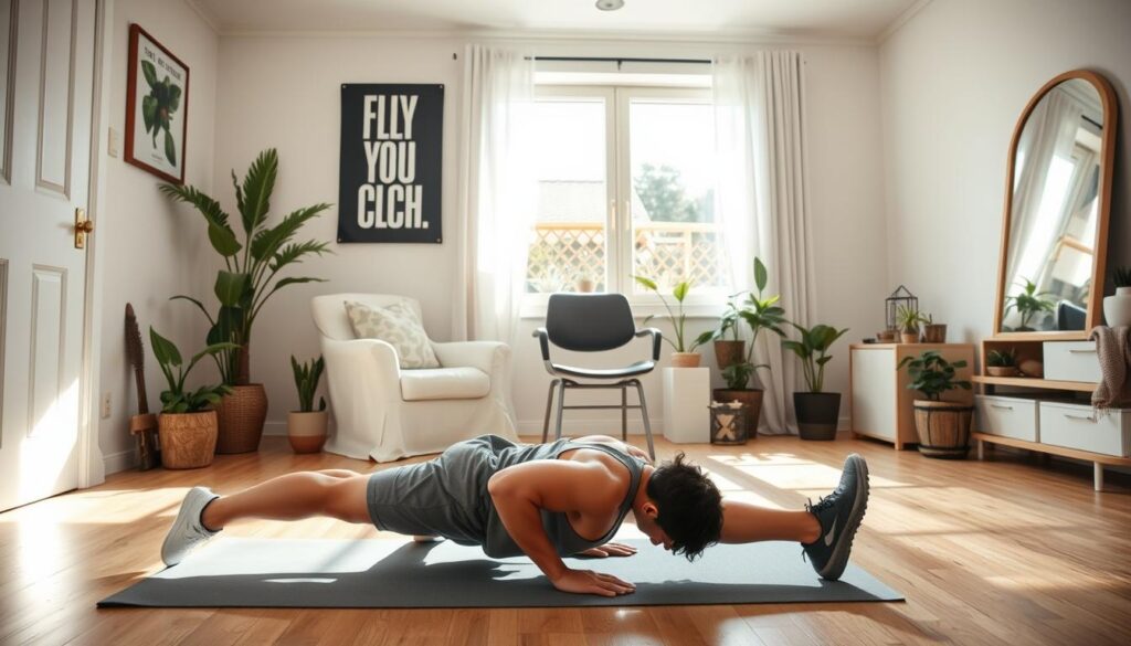 A cozy home gym environment set in a bright living room. In the foreground, a person in modest athletic wear, showcasing a strong form while performing bodyweight exercises like push-ups or squats on a yoga mat. In the middle, various home fitness elements such as a sturdy chair for tricep dips and a wall-mounted mirror reflecting the workout. The background features indoor plants and motivational imagery, contributing to an energetic atmosphere. Natural sunlight streams through the window, casting soft shadows, enhancing the inviting and encouraging mood. The image captures the essence of a practical, no-equipment workout routine at home.